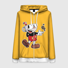 Женская толстовка 3D на молнии с принтом CUPHEAD КАПХЕД в городе Новоалтайск, 100% полиэстер | длина до линии бедра, манжеты и пояс оформлены мягкой тканевой резинкой, двухслойный капюшон со шнурком для регулировки, спереди молния, по бокам два кармана | art | cartoon | cup | cuphead | devil | dice | game | king | mugman | the | арт | бос | босс | голова | демон | дьявол | игра | капхед | магмен | мультик | мультфильм | платформер | чаша | чашка | человек | черт