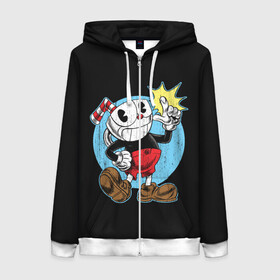 Женская толстовка 3D на молнии с принтом CUPHEAD КАПХЕД в городе Новоалтайск, 100% полиэстер | длина до линии бедра, манжеты и пояс оформлены мягкой тканевой резинкой, двухслойный капюшон со шнурком для регулировки, спереди молния, по бокам два кармана | art | cartoon | cup | cuphead | devil | dice | game | king | mugman | the | арт | бос | босс | голова | демон | дьявол | игра | капхед | магмен | мультик | мультфильм | платформер | чаша | чашка | человек | черт