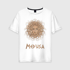 Женская футболка хлопок Oversize с принтом Meduza. Горго?на Меду?за  в городе Новоалтайск, 100% хлопок | свободный крой, круглый ворот, спущенный рукав, длина до линии бедер
 | волосы | горгона | горгоны | греция | греческая | греческая мифология | девушки | женщины | зеленый | змея | коричневый | красочный | медуза | милый | миф | мифология | монстр | море | персей | пляж