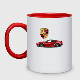 Кружка двухцветная с принтом PORSCHE в городе Новоалтайск, керамика | объем — 330 мл, диаметр — 80 мм. Цветная ручка и кайма сверху, в некоторых цветах — вся внутренняя часть | Тематика изображения на принте: car | porsche | машина | скорость | спорткар