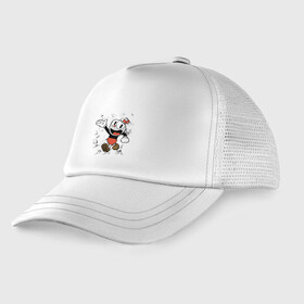 Детская кепка тракер с принтом CUPHEAD в городе Новоалтайск, Козырек - 100% хлопок. Кепка - 100% полиэстер, Задняя часть - сетка | универсальный размер, пластиковая застёжка | art | cartoon | cup | cuphead | devil | dice | game | king | mugman | the | арт | бос | босс | голова | демон | дьявол | игра | капхед | магмен | мультик | мультфильм | платформер | чаша | чашка | человек | черт