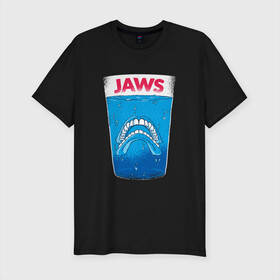 Мужская футболка хлопок Slim с принтом Jaws Челюсти - Прикол в городе Новоалтайск, 92% хлопок, 8% лайкра | приталенный силуэт, круглый вырез ворота, длина до линии бедра, короткий рукав | Тематика изображения на принте: art | film | horror | killer | merch | movie | parody | shark | teeth | white | акула | арт | белая акула | вставная челюсть | зубы | иллюстрация | кино | мерч | пародия | пародия на постер | пенсия | спилберг | стакан | фильм 