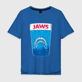 Мужская футболка хлопок Oversize с принтом Jaws Челюсти - Прикол в городе Новоалтайск, 100% хлопок | свободный крой, круглый ворот, “спинка” длиннее передней части | Тематика изображения на принте: art | film | horror | killer | merch | movie | parody | shark | teeth | white | акула | арт | белая акула | вставная челюсть | зубы | иллюстрация | кино | мерч | пародия | пародия на постер | пенсия | спилберг | стакан | фильм 