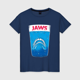 Женская футболка хлопок с принтом Jaws Челюсти - Прикол в городе Новоалтайск, 100% хлопок | прямой крой, круглый вырез горловины, длина до линии бедер, слегка спущенное плечо | art | film | horror | killer | merch | movie | parody | shark | teeth | white | акула | арт | белая акула | вставная челюсть | зубы | иллюстрация | кино | мерч | пародия | пародия на постер | пенсия | спилберг | стакан | фильм 