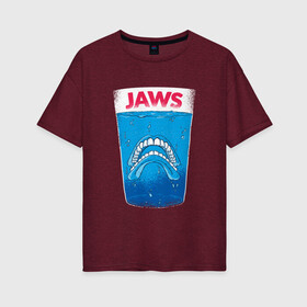 Женская футболка хлопок Oversize с принтом Jaws Челюсти - Прикол в городе Новоалтайск, 100% хлопок | свободный крой, круглый ворот, спущенный рукав, длина до линии бедер
 | art | film | horror | killer | merch | movie | parody | shark | teeth | white | акула | арт | белая акула | вставная челюсть | зубы | иллюстрация | кино | мерч | пародия | пародия на постер | пенсия | спилберг | стакан | фильм 