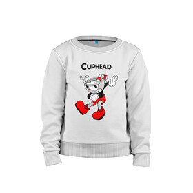 Детский свитшот хлопок с принтом Cuphead Капхед в городе Новоалтайск, 100% хлопок | круглый вырез горловины, эластичные манжеты, пояс и воротник | cup head | cuphead | run and gun | детям | капхед | капхэд | логотипы игр | персонажи игр | чашка