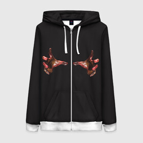 Женская толстовка 3D на молнии с принтом Замби в городе Новоалтайск, 100% полиэстер | длина до линии бедра, манжеты и пояс оформлены мягкой тканевой резинкой, двухслойный капюшон со шнурком для регулировки, спереди молния, по бокам два кармана | Тематика изображения на принте: apocalypse | corpse | cruel | darkness | dead | demon | devil | evil | fear | grave | halloween | hand | horror | human | isolated | monster | mummy | murder | mysterious | mystery | nails | photography | reaching | satan | shadow | shock | skin | studio 