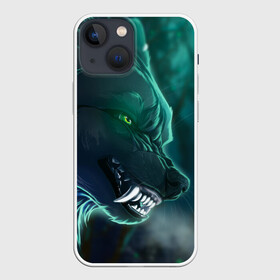 Чехол для iPhone 13 mini с принтом ВОЛЧИЙ ОСКАЛ в городе Новоалтайск,  |  | Тематика изображения на принте: animal | beast | grey | roar | wolf | взгляд | волк | волчара | волчица | волчок | животное | зверь | зелёный | зло | злой волк | зубы | клык | кот | неон | неоновый | оскал | пасть | природа | рык | свечение | серый