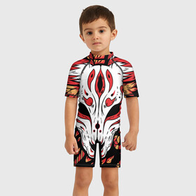 Детский купальный костюм 3D с принтом Адский лис в городе Новоалтайск, Полиэстер 85%, Спандекс 15% | застежка на молнии на спине | дьявол | лис | лиса | огонь | преиспешник | преспишник | приспешник | сатана | слуга