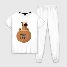 Женская пижама хлопок с принтом Pop Cat (орущий кот в горшке) в городе Новоалтайск, 100% хлопок | брюки и футболка прямого кроя, без карманов, на брюках мягкая резинка на поясе и по низу штанин | cat | pop cat | wide mouthed popping cat | буп | кот | котик