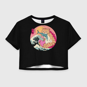 Женская футболка Crop-top 3D с принтом CATZILLA в городе Новоалтайск, 100% полиэстер | круглая горловина, длина футболки до линии талии, рукава с отворотами | cat | cats | catzilla | godzilla | japan | kaiju | neko | ninja | retro | samurai | shark | wave | yakuza | акула | волна | годзилла | кайдзю | катана | кот | котенок | котзилла | коты | котэ | котята | кошка | неко | ниндзя | ретро | самурай | якудза