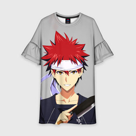 Детское платье 3D с принтом Food wars Shokugeki no Soma в городе Новоалтайск, 100% полиэстер | прямой силуэт, чуть расширенный к низу. Круглая горловина, на рукавах — воланы | Тематика изображения на принте: anime | cook | food | food wars | manga | shokugeki no soma | аниме | еда | кулинарные поединки сомы | кухня | манга | повар | повар боец сома