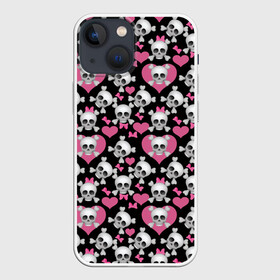 Чехол для iPhone 13 mini с принтом череп с бантом в городе Новоалтайск,  |  | Тематика изображения на принте: бантики | розовое | сердца | череп | черный фон