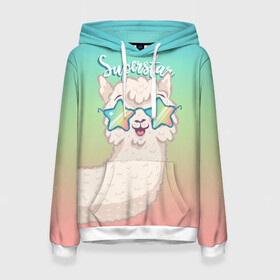 Женская толстовка 3D с принтом SUPERSTAR в городе Новоалтайск, 100% полиэстер  | двухслойный капюшон со шнурком для регулировки, мягкие манжеты на рукавах и по низу толстовки, спереди карман-кенгуру с мягким внутренним слоем. | llama | альпака | животные | лама