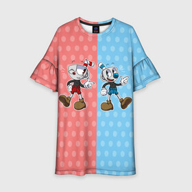 Детское платье 3D с принтом caphead в городе Новоалтайск, 100% полиэстер | прямой силуэт, чуть расширенный к низу. Круглая горловина, на рукавах — воланы | caphead | cup | mugman | друг | капхейд | кружка | мугман