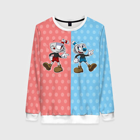 Женский свитшот 3D с принтом caphead в городе Новоалтайск, 100% полиэстер с мягким внутренним слоем | круглый вырез горловины, мягкая резинка на манжетах и поясе, свободная посадка по фигуре | caphead | cup | mugman | друг | капхейд | кружка | мугман