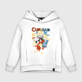 Детское худи Oversize хлопок с принтом Друзья caphead в городе Новоалтайск, френч-терри — 70% хлопок, 30% полиэстер. Мягкий теплый начес внутри —100% хлопок | боковые карманы, эластичные манжеты и нижняя кромка, капюшон на магнитной кнопке | caphead | cup | mugman | друг | капхед | капхейд | кружка | мугман