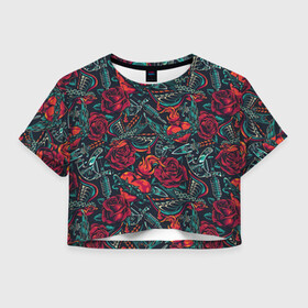 Женская футболка Crop-top 3D с принтом Предвестники в городе Новоалтайск, 100% полиэстер | круглая горловина, длина футболки до линии талии, рукава с отворотами | алая роза | алые розы | арт | кастет | кастеты | кинжал | кинжалы | ласточка | нож | ножи | острая проволока | проволока | птица | птичка | рисунок | роза | розы | сердечко | сердце | тату | тату машинка