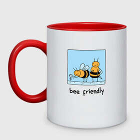 Кружка двухцветная с принтом Bee Friendly Будь дружелюбным в городе Новоалтайск, керамика | объем — 330 мл, диаметр — 80 мм. Цветная ручка и кайма сверху, в некоторых цветах — вся внутренняя часть | Тематика изображения на принте: be friendly | drawing | friend | friends | mood | sting | summer | весна | друг | дружелюбие | друзья | жало | игра слов | лето | настроение | оса | острое жало | прикол | пчела | пчелка | рисунок | стинг | цветок | цветочек