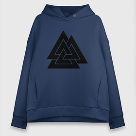 Женское худи Oversize хлопок с принтом Валькнут | Valknut (Z) в городе Новоалтайск, френч-терри — 70% хлопок, 30% полиэстер. Мягкий теплый начес внутри —100% хлопок | боковые карманы, эластичные манжеты и нижняя кромка, капюшон на магнитной кнопке | Тематика изображения на принте: runes | valhala | valhalla | valknut | валгала | валгалла | вальгала | вальгалла | валькнут | древние знаки | знаки | иероглифы | один | руны | русь | символы | славяне | славянская символика | я русский