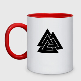 Кружка двухцветная с принтом Валькнут | Valknut (Z) в городе Новоалтайск, керамика | объем — 330 мл, диаметр — 80 мм. Цветная ручка и кайма сверху, в некоторых цветах — вся внутренняя часть | Тематика изображения на принте: runes | valhala | valhalla | valknut | валгала | валгалла | вальгала | вальгалла | валькнут | древние знаки | знаки | иероглифы | один | руны | русь | символы | славяне | славянская символика | я русский