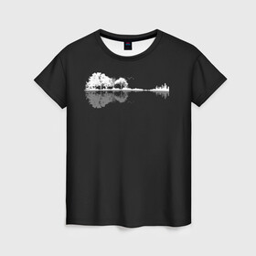 Женская футболка 3D с принтом Natural Guitar. Reflection в городе Новоалтайск, 100% полиэфир ( синтетическое хлопкоподобное полотно) | прямой крой, круглый вырез горловины, длина до линии бедер | clef | guitar | instrument | music | musical | natural | notation | note | notes | tablature | treble | гитара | грамота | инструмент | ключ | музыка | музыкальный | нота | нотная | ноты | природа | скрипичный | табулатура