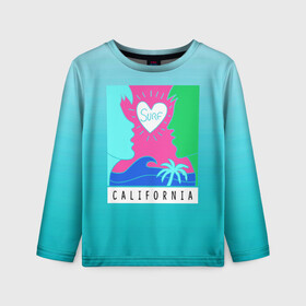 Детский лонгслив 3D с принтом CALIFORNIA SURF в городе Новоалтайск, 100% полиэстер | длинные рукава, круглый вырез горловины, полуприлегающий силуэт
 | california | love | surf | влюбленные | закат | калифорния | любовь | море | пальма