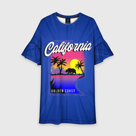 Детское платье 3D с принтом California golden coast в городе Новоалтайск, 100% полиэстер | прямой силуэт, чуть расширенный к низу. Круглая горловина, на рукавах — воланы | Тематика изображения на принте: california | golden coast | гризли | закат | калифорния | медведь | пальмы | природа