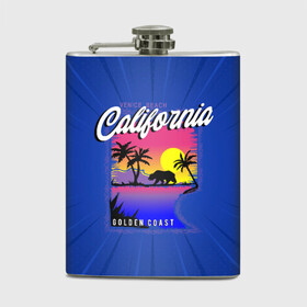 Фляга с принтом California golden coast в городе Новоалтайск, металлический корпус | емкость 0,22 л, размер 125 х 94 мм. Виниловая наклейка запечатывается полностью | Тематика изображения на принте: california | golden coast | гризли | закат | калифорния | медведь | пальмы | природа