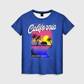 Женская футболка 3D с принтом California golden coast в городе Новоалтайск, 100% полиэфир ( синтетическое хлопкоподобное полотно) | прямой крой, круглый вырез горловины, длина до линии бедер | california | golden coast | гризли | закат | калифорния | медведь | пальмы | природа