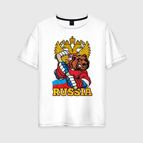 Женская футболка хлопок Oversize с принтом Хоккей. Вперед Россия. в городе Новоалтайск, 100% хлопок | свободный крой, круглый ворот, спущенный рукав, длина до линии бедер
 | hockey | russia | клюшка | краснаямашина | россия | сборная | хоккей | шайба