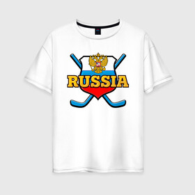 Женская футболка хлопок Oversize с принтом Хоккей. Россия. в городе Новоалтайск, 100% хлопок | свободный крой, круглый ворот, спущенный рукав, длина до линии бедер
 | hockey | russia | клюшка | краснаямашина | россия | сборная | хоккей | шайба