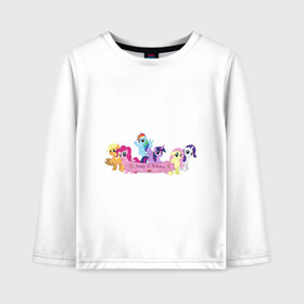 Детский лонгслив хлопок с принтом My Little Pony Happy Birthday в городе Новоалтайск, 100% хлопок | круглый вырез горловины, полуприлегающий силуэт, длина до линии бедер | applejack | friendship | mylittlepony | rainbow dash | twilight sparkle | waifu | вайфу | дружба это магия | друзья | кони | моя маленькая пони | мультфильм | пони | радуга | ренбоу деш | эплджек