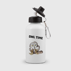 Бутылка спортивная с принтом Owl time в городе Новоалтайск, металл | емкость — 500 мл, в комплекте две пластиковые крышки и карабин для крепления | barn owl. tawny owl | claws | feathers | lack of sleep | nocturnal predator | owl | owl kingdom | owl. owl time. time