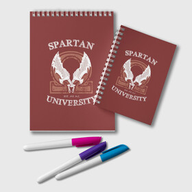 Блокнот с принтом Spartan University в городе Новоалтайск, 100% бумага | 48 листов, плотность листов — 60 г/м2, плотность картонной обложки — 250 г/м2. Листы скреплены удобной пружинной спиралью. Цвет линий — светло-серый
 | Тематика изображения на принте: gad of war | game | games | god of war | god of wor | spartan | бог войны | игра | игры | кратос | спартанец