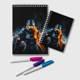 Блокнот с принтом Halo x Battlefield в городе Новоалтайск, 100% бумага | 48 листов, плотность листов — 60 г/м2, плотность картонной обложки — 250 г/м2. Листы скреплены удобной пружинной спиралью. Цвет линий — светло-серый
 | Тематика изображения на принте: battlefield | game | games | halo | heilo | master chif | spartan | баттелфилд | игра | игры | ковенант | ковенанты | мастер чиф | спартанец | хало | хейло | хэйло