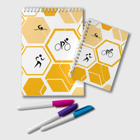 Блокнот с принтом Триатлон / Triathlon в городе Новоалтайск, 100% бумага | 48 листов, плотность листов — 60 г/м2, плотность картонной обложки — 250 г/м2. Листы скреплены удобной пружинной спиралью. Цвет линий — светло-серый
 | Тематика изображения на принте: ironman | tri | triathlon | бег | велосипед | велоспорт | выносливость | мультиспорт | плавание | сила | скорость | соты | спорт | три | триатлон | троеборье | цикличный