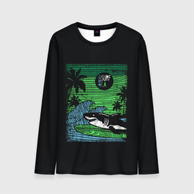 Мужской лонгслив 3D с принтом Surf shark в городе Новоалтайск, 100% полиэстер | длинные рукава, круглый вырез горловины, полуприлегающий силуэт | shark | акула | вода | море | океан | остров | отпуск | пальмы | серфинг
