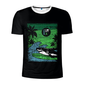Мужская футболка 3D спортивная с принтом Surf shark в городе Новоалтайск, 100% полиэстер с улучшенными характеристиками | приталенный силуэт, круглая горловина, широкие плечи, сужается к линии бедра | Тематика изображения на принте: shark | акула | вода | море | океан | остров | отпуск | пальмы | серфинг