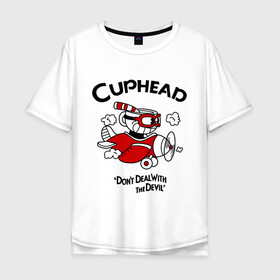 Мужская футболка хлопок Oversize с принтом Cuphead на самолёте в городе Новоалтайск, 100% хлопок | свободный крой, круглый ворот, “спинка” длиннее передней части | cuphead | cuphead and mugman | dont deal with the devil | игры | капхед | самолёт | чашеголовый