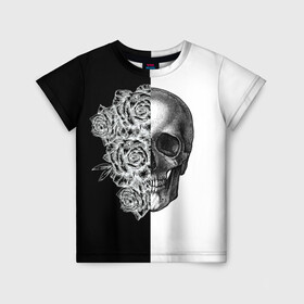 Детская футболка 3D с принтом SkullRose Sketch в городе Новоалтайск, 100% гипоаллергенный полиэфир | прямой крой, круглый вырез горловины, длина до линии бедер, чуть спущенное плечо, ткань немного тянется | набросок | рисунок карандашом | роза | чб | череп | черепушка | черно белое