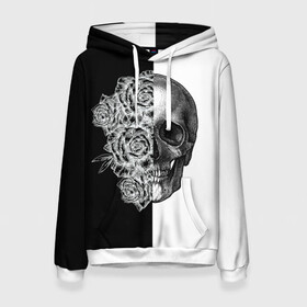 Женская толстовка 3D с принтом SkullRose Sketch в городе Новоалтайск, 100% полиэстер  | двухслойный капюшон со шнурком для регулировки, мягкие манжеты на рукавах и по низу толстовки, спереди карман-кенгуру с мягким внутренним слоем. | набросок | рисунок карандашом | роза | чб | череп | черепушка | черно белое