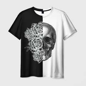 Мужская футболка 3D с принтом SkullRose Sketch в городе Новоалтайск, 100% полиэфир | прямой крой, круглый вырез горловины, длина до линии бедер | набросок | рисунок карандашом | роза | чб | череп | черепушка | черно белое