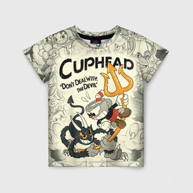 Детская футболка 3D с принтом Cuphead and Devil в городе Новоалтайск, 100% гипоаллергенный полиэфир | прямой крой, круглый вырез горловины, длина до линии бедер, чуть спущенное плечо, ткань немного тянется | cuphead | devil | dont deal with the devil | все персонажи | дьявол | игры | капхед | чашеголовый | черт