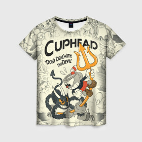 Женская футболка 3D с принтом Cuphead and Devil в городе Новоалтайск, 100% полиэфир ( синтетическое хлопкоподобное полотно) | прямой крой, круглый вырез горловины, длина до линии бедер | cuphead | devil | dont deal with the devil | все персонажи | дьявол | игры | капхед | чашеголовый | черт