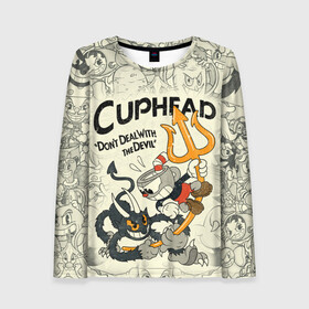 Женский лонгслив 3D с принтом Cuphead and Devil в городе Новоалтайск, 100% полиэстер | длинные рукава, круглый вырез горловины, полуприлегающий силуэт | cuphead | devil | dont deal with the devil | все персонажи | дьявол | игры | капхед | чашеголовый | черт