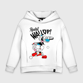Детское худи Oversize хлопок с принтом Ready? Wallop! Cuphead в городе Новоалтайск, френч-терри — 70% хлопок, 30% полиэстер. Мягкий теплый начес внутри —100% хлопок | боковые карманы, эластичные манжеты и нижняя кромка, капюшон на магнитной кнопке | cuphead | cuphead and mugman | mugman | ready | wallop | игры | капхед | чашеголовый