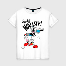 Женская футболка хлопок с принтом Ready? Wallop! Cuphead в городе Новоалтайск, 100% хлопок | прямой крой, круглый вырез горловины, длина до линии бедер, слегка спущенное плечо | cuphead | cuphead and mugman | mugman | ready | wallop | игры | капхед | чашеголовый