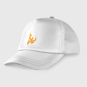 Детская кепка тракер с принтом Protoss logo orange в городе Новоалтайск, Козырек - 100% хлопок. Кепка - 100% полиэстер, Задняя часть - сетка | универсальный размер, пластиковая застёжка | Тематика изображения на принте: protoss | zealot | архонт | войд рей | дисраптор | зилот | зонд | колосс | протосc | сталкер | тамплиеры