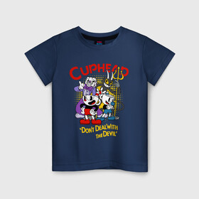 Детская футболка хлопок с принтом Cuphead, главные герои в городе Новоалтайск, 100% хлопок | круглый вырез горловины, полуприлегающий силуэт, длина до линии бедер | Тематика изображения на принте: cuphead | devil | king dice | mugman | боссы | главные герои | дьявал | игра | капхед | кинг дайс | магмен | персонажи игры